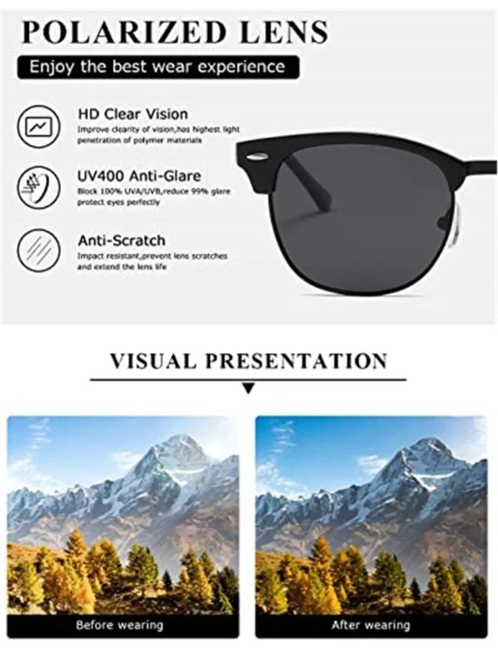 Retro Black Polarized Sunglasses Men Women UV400 Semi Rimless Classic Shades
